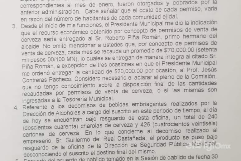 Director de Alcoholes dice que el propio alcalde, Horacio Piña, le pidió dar el dinero de venta de permisos de cerveza a su primo. (EL SIGLO DE TORREÓN)