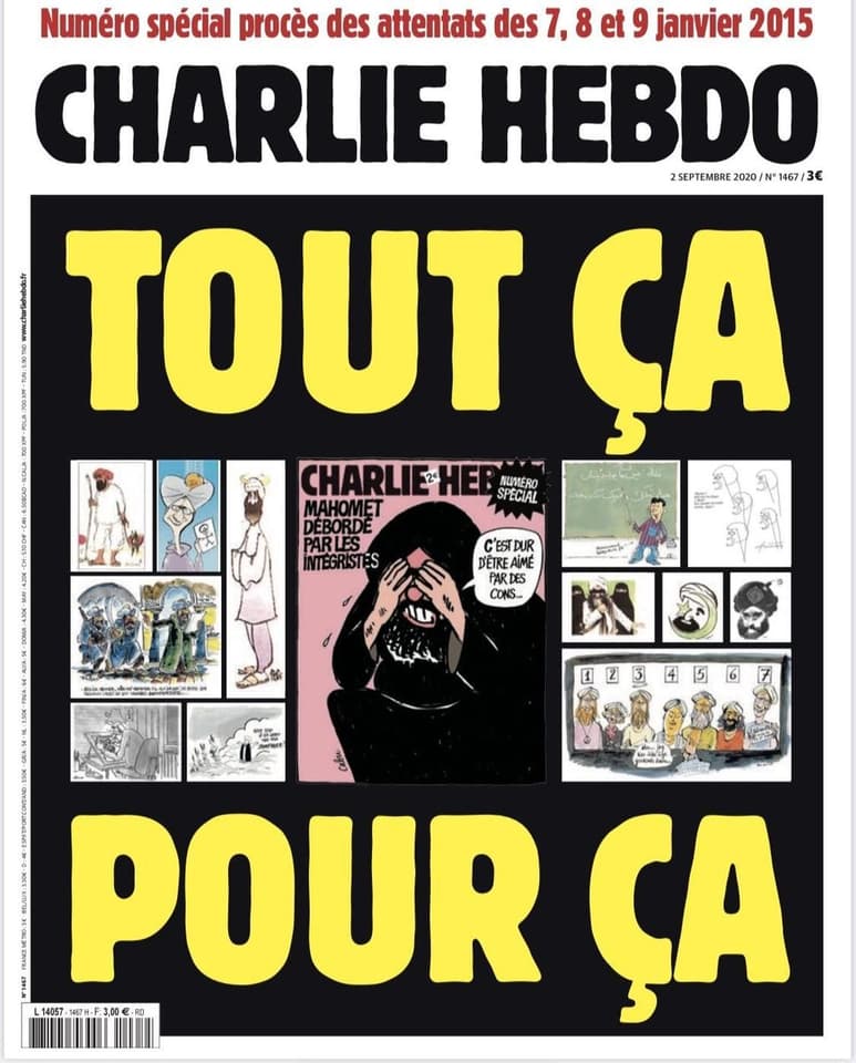 El semanario satírico Charlie Hebdo volverá a publicar este miércoles las caricaturas de Mahoma por las que en 2006 se convirtió en el blanco de yihadistas, que finalmente atacaron la redacción en 2015 y acabaron con la vida de 12 personas, coincidiendo con el inicio del juicio este miércoles. (EFE)