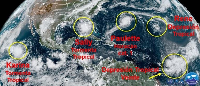 La tormenta tropical Karina se formó este domingo a partir de la depresión tropical 16-E en el Pacífico mexicano, al suroeste de la Península de Baja California, informó el Servicio Meteorológico Nacional (SMN). (TWITTER)