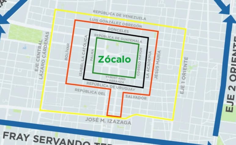 El primer filtro estará colocado de Palma a Correo Mayor y de Venustiano Carranza a Donceles; el segundo se instalará de la calle Bolívar a Jesús María, y de Belisario Domínguez a República de Uruguay; y el tercero de avenida Circunvalación a Eje Central, y de José María Izazaga a Héroes de Granaditas, donde habrá cierre vehicular.