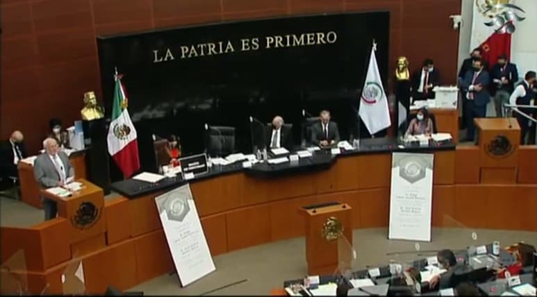 Durante la comparecencia de José Alonso Novelo Baeza, titular de la Comisión Federal de Protección contra Riesgos Sanitarios (Cofepris) y en la que también estuvo el subsecretario de Prevención y Promoción de la Salud de la Secretaría de Salud, Hugo López-Gatell, los senadores del PAN desplegaron diferentes pancartas. (ESPECIAL)