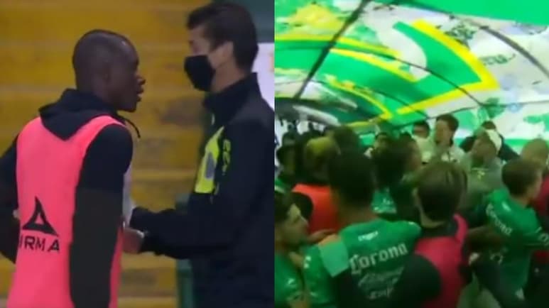 Fernando Gorriarán tuvo una discusión con Nacho Ambriz, técnico del León, lo que provocó que Mosquera, defensor Esmeralda se encarara con el futbolista lagunero. (ESPECIAL)