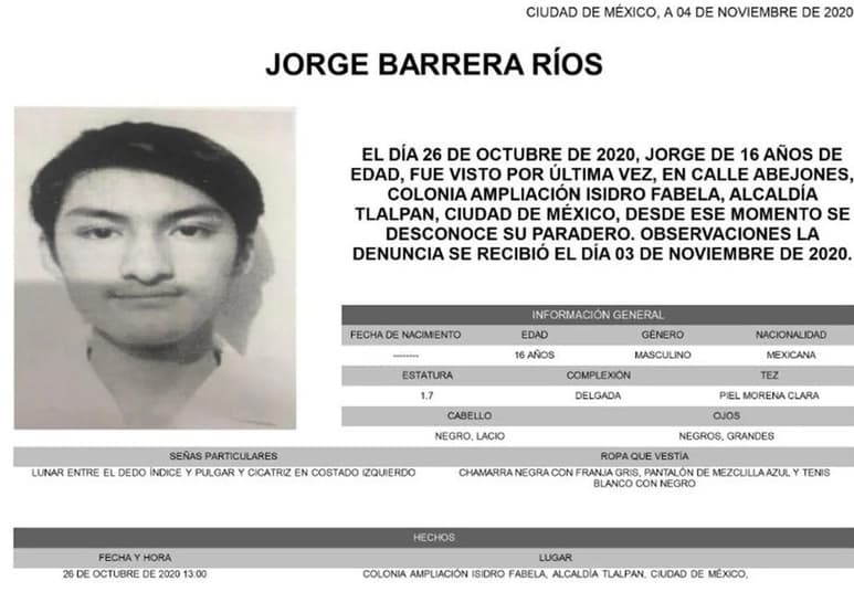 De acuerdo al reporte de desaparición emitido por la Fiscalía General de Justicia, Jorge habría sido visto por última vez durante el día 26 de octubre (ESPECIAL)