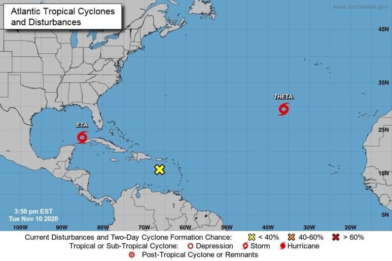 El huracán categoría 1 'Eta' amenaza la parte central de la costa oeste de Florida, donde se prevé toque tierra este jueves con vientos por debajo o en el límite de los 118 kilómetros por hora, un cambio de trayectoria de última hora que ha movilizado a la amplia zona de la Bahía de Tampa (Tampa Bay). (ARCHIVO)