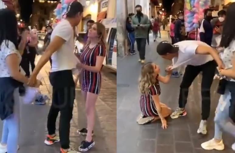 Las imágenes protagonizadas por la mujer 'rogando' al joven en las calles de Michoacán, no tardaron en viralizarse en redes sociales (CAPTURA)