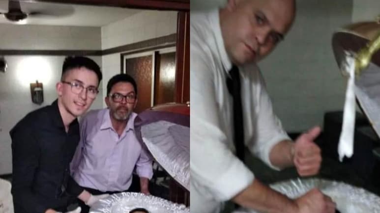 Tres hombres contratados por una empresa funeraria para acondicionar el cuerpo de Maradona previo a su funeral el jueves en la Casa Rosada de Buenos Aires se tomaron fotografías posando junto al exastro. (ESPECIAL)