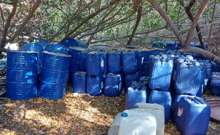 Cerca de tierras agrícolas en cultivo, entre la vegetación y un camuflaje con ramas de árboles se ubicó el centro de procesamiento para drogas sintéticas, en donde se aseguraron tanques de gas, bidones de dos colores, con sustancias químicas, generadores de energía eléctrica, contenedores de diversos tamaños y tambos metálicos.
(ESPECIAL)