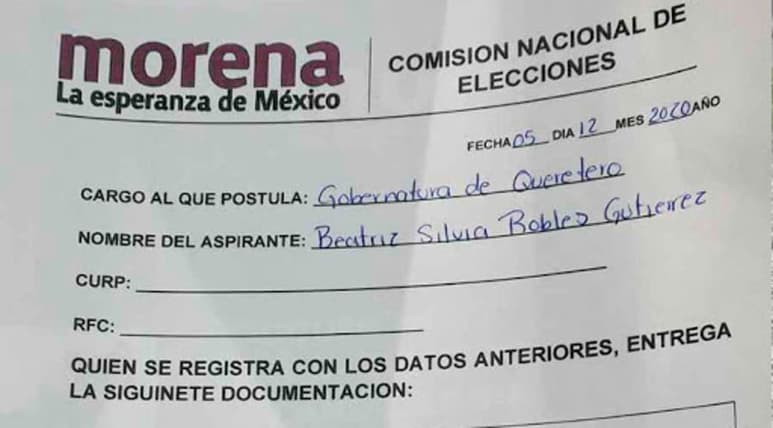 La diputada federal de Morena, Beatriz Robles, se volvió tendencia en Twitter luego de que compartiera la hoja donde hizo pública su precandidatura a la gubernatura de Querétaro con el nombre de la entidad mal escrito. (Especial)