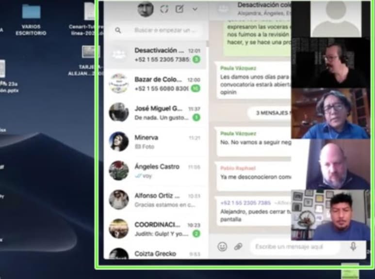 La tarde de este miércoles, los 11 colectivos de artistas que pusieron en evidencia el chat 'Desactivación de colectivos' durante la reunión virtual del pasado 2 de diciembre, publicaron en YouTube el video donde se ve el momento en que Alejandro Ortiz comparte en su pantalla el chat que derivó en cuestionamientos a la secretaria de Cultura, Alejandra Frausto, la petición a través de Change.org de que deje el cargo, y la 'renuncia' de dos trabajadores de la dependencia: Alejandra Chávez y el propio Alejandro Ortiz. (Especial)