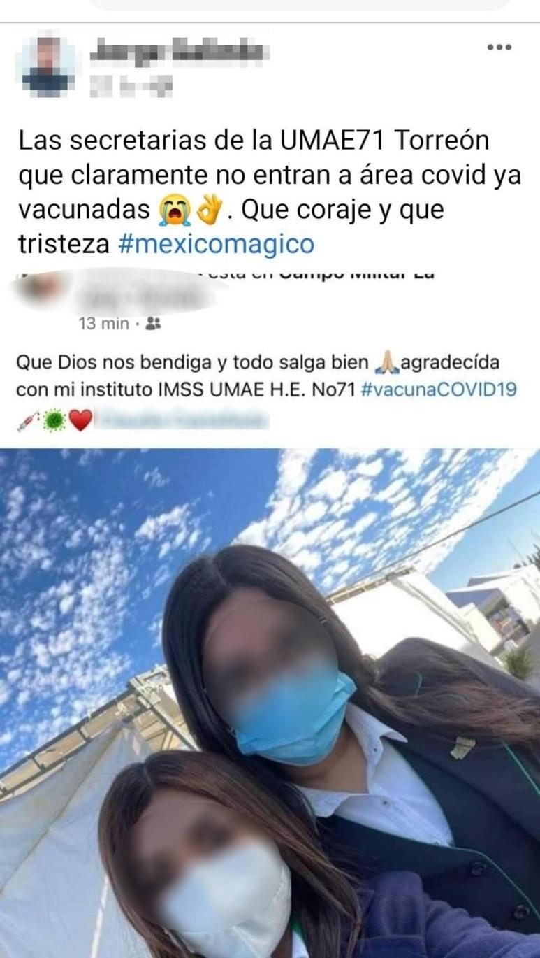 La imagen fue tomada en el Hospital Militar Regional de esta ciudad y las trabajadoras portan el cubrebocas aunque en ningún momento se aprecia que estén recibiendo la vacuna anti COVID.
(FACEBOOK)