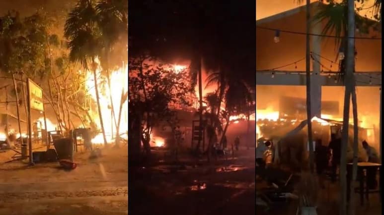 Un probable corto circuito de luces navideñas o la colilla de un cigarro arrojada al piso durante una fiesta, fueron las posibles causas del incendio registrado anoche en la zona turística de Tulum. (ESPECIAL)