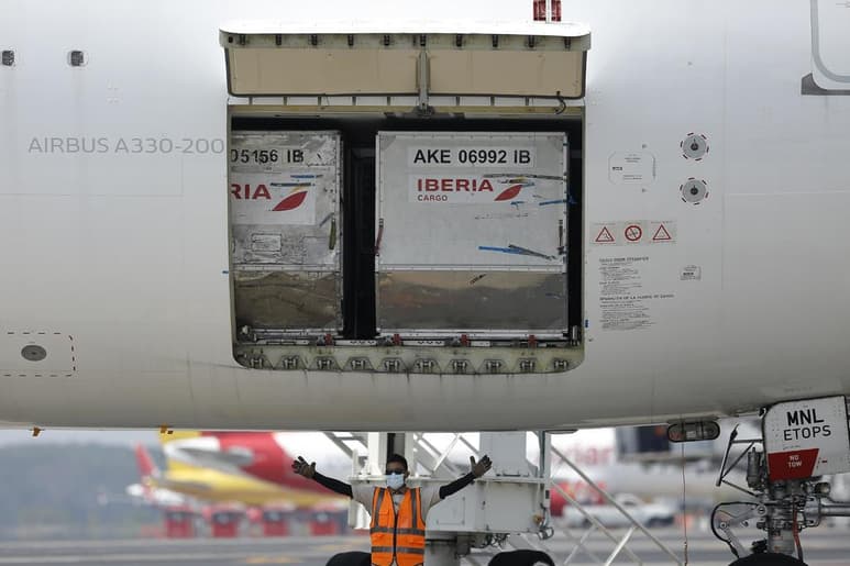 Un primer lote de 20,000 vacunas contra la COVID-19 adquiridas por el Gobierno de El Salvador llegó este miércoles al aeropuerto internacional Óscar Arnulfo Romero, donde el cargamento con las dosis fue recibido por el ministro de Salud, Francisco Alabi. (EFE)