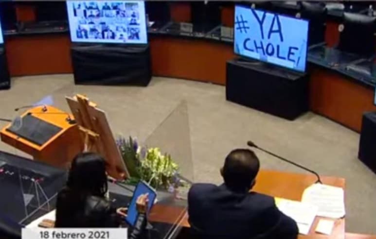 Durante la Sesión Ordinaria de este jueves en el Senado, un cártel con la frase '#YaChole' fue expuesto de manera virtual, luego de que este jueves el presidente Andrés Manuel López Obrador expresara que 'ya chole' con las campañas contra Félix Salgado Macedonio, acusado de abuso sexual. (Especial)
