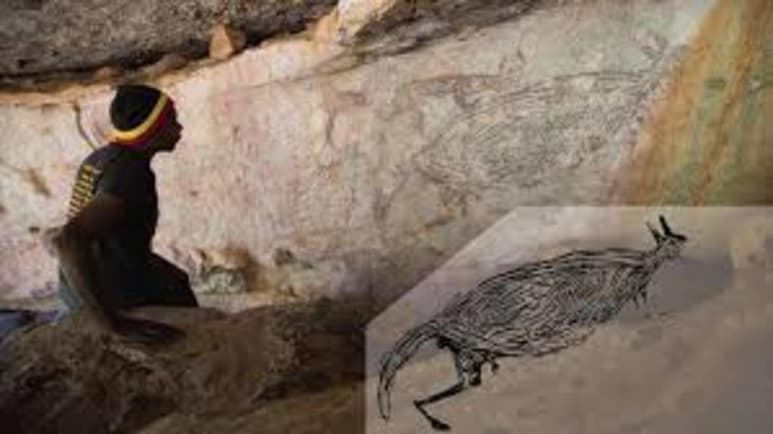 La figura de un canguro de dos metros ha sido identificada como la pintura rupestre intacta más antigua de Australia, con una antigüedad estimada en 17,300 años, publica la revista científica Nature Human Behaviour. (ESPECIAL)