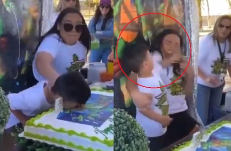 El niño arremetió molesto contra la mujer después de que ésta lo empujara contra el pastel (CAPTURA) 