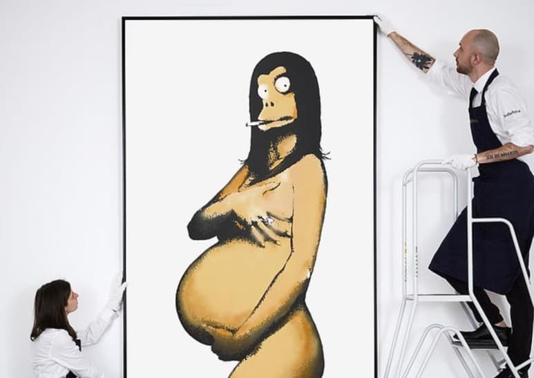 La irreverente parodia que firmó Banksy de la portada protagonizada en 1991 por la actriz Demi Moore en la revista 'Vanity fair' saldrá a la venta en Sotheby's con un precio estimado de entre 2 y 3 millones de libras (de 2.3 a 3.5 millones de euros/2.7 a 4.2 millones de dólares), según informó este lunes en un comunicado la casa de subastas. (Especial)