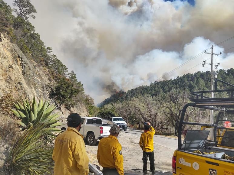 Un incendio forestal en el norte de México, en el límite entre los estados de Coahuila y Nuevo León, obligó este martes a evacuar a al menos 400 personas mientras los cuerpos de extinción no han conseguido parar el avance de las llamas. (TWITTER)