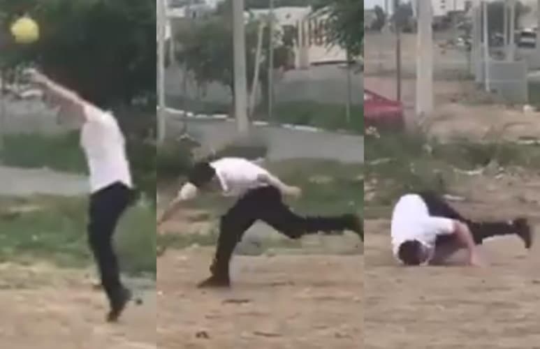 Al intentar hacer un saque de banda, García tropezó y terminó en la tierra mientras jugaba futbol (CAPTURA)