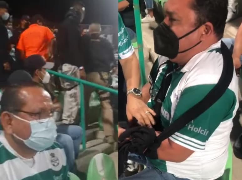 El aficionado al Club Santos Laguna, aseguró que el personal de seguridad lo interceptó 'por haberse quitado el cubrebocas para beber cerveza', lo que originó una discusión que terminó en agresión física cuando el ordenaron 'que abandonara el estadio' (CAPTURA)