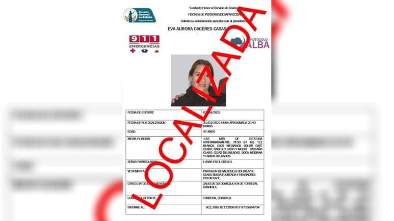 La Fiscalía de Personas Desaparecidas del Estado de Coahuila, informó que la maestra que fue reportada como no localizada en días pasados en la ciudad de Torreón, se encuentra a salvo con sus familiares. (ESPECIAL)