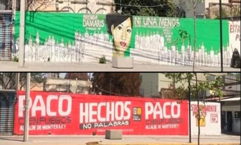 Integrantes de la Asamblea Feminista de Nuevo León realizaron un acto para repudiar que el equipo de campaña del candidato de la alianza PRI-PRD, a la alcaldía de esta ciudad, Francisco Cienfuegos Martínez, borró durante la última semana el mural que, en septiembre de 2019, realizaron para visibilizar los feminicidios y desapariciones de mujeres. (ESPECIAL)