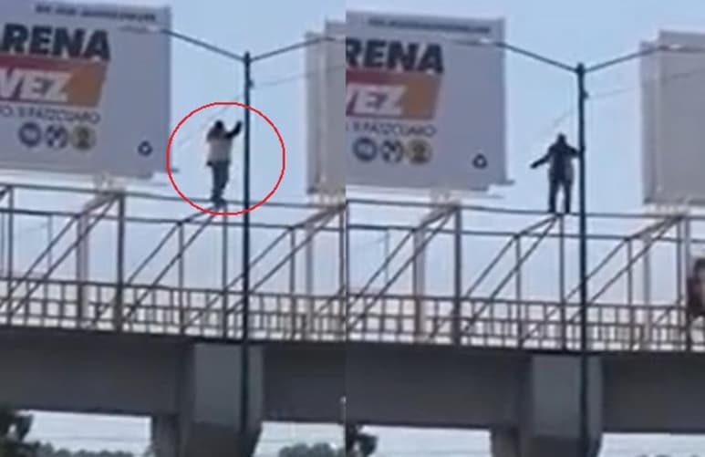 Arriba de la estructura metálica, el hombre interpretó unos pasos de baile antes de bajar por un poste de luz (CAPTURA)