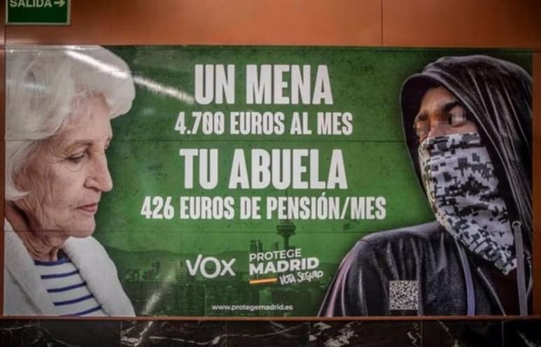 La Fiscalía de Madrid ha denunciado por un presunto delito de odio al partido ultraderechista Vox y ha solicitado la retirada de aquella parte de su propaganda para los comicios regionales madrileños del próximo 4 de mayo en la que se desprende un ataque contra los menores extranjeros migrantes (menas). (Especial)
