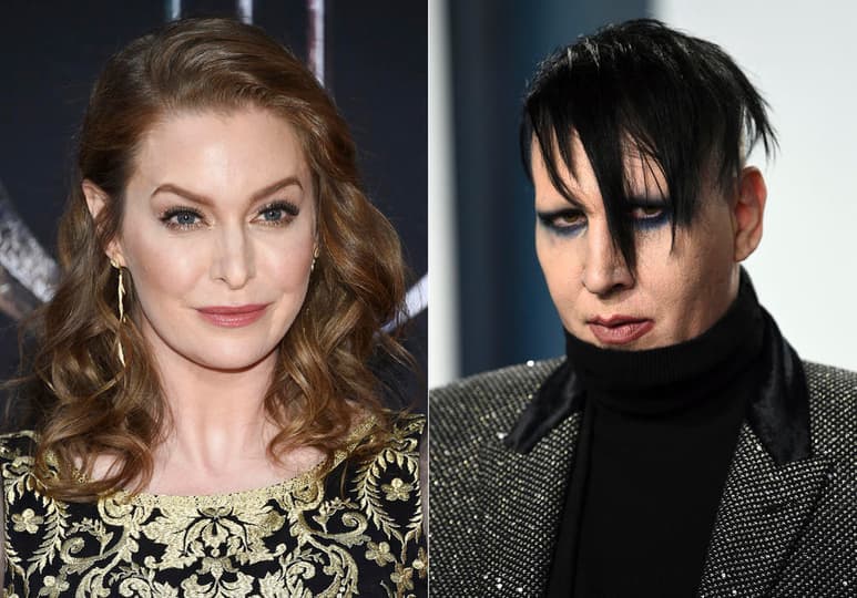 En esta combinación de fotografías Esmé Bianco en la premiere de la última temporada de 'Game of Thrones' de HBO en Nueva York el 3 de abril de 2019, izquierda, y el músico Marilyn Manson en la fiesta de los Oscar de Vanity Fair en Beverly Hills, California el 9 de febrero de 2020. Bianco has demandó a Marilyn Manson alegando abusos sexuales, físicos y emocionales ante un tribunal federal de Los Angeles el viernes 30 de abril de 2021. (Foto Evan Agostini/Invision/AP)