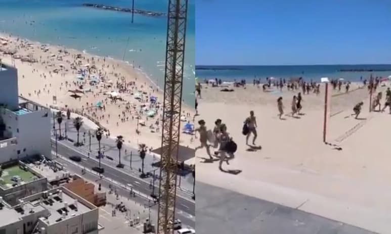 Al escucharse la alarma que notificaba sobre un ataque aéreo, los visitantes de una playa en Tel Aviv, corrieron inmediatamente buscando refugio (ESPECIAL)
