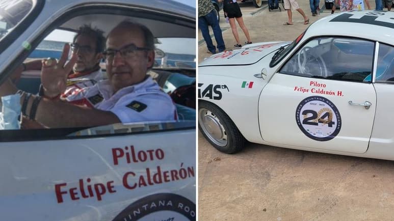 El expresidente de México, Felipe Calderón Hinojosa, chocó junto a su hermano en la séptima edición del Rally Maya 2021 un Volkswagen Karmann Ghia de los años 70. (ESPECIAL)