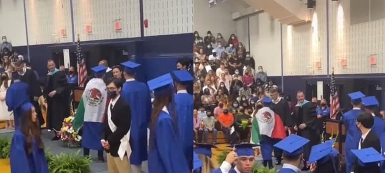 Cuando el joven se acercó a recibir su diploma, los directivos de la escuela en Carolina del Norte, le negaron el documento debido a que portaba la bandera mexicana sobre la toga, lo cual 'violaba las normas de vestimenta' de la ceremonia (CAPTURA)