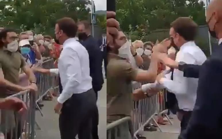 Al acercarse a saludar a la gente, el presidente de Francia, Emmanuel Macron, fue abofeteado por un hombre (CAPTURA)