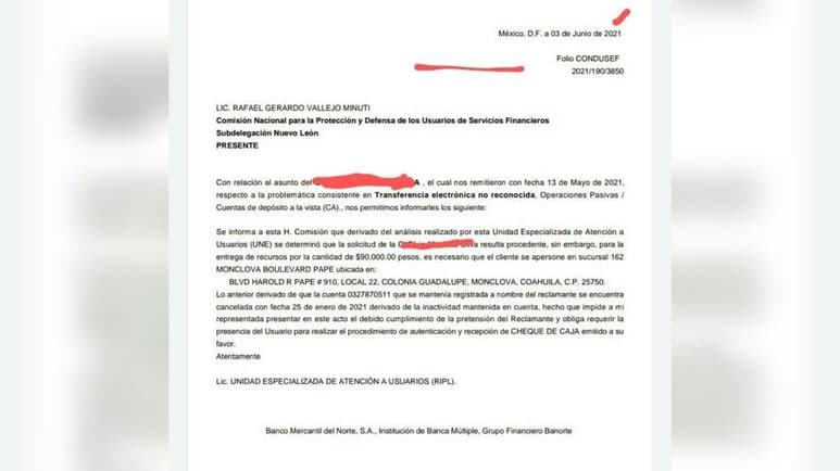 Tras un procedimiento a través de la Condusef, el Grupo Financiero Banorte fue obligado a regresar 90 mil pesos a la cuenta de una mujer mayor. El dinero le fue retirado semanas atrás mediante una transferencia electrónica que la cuentahabiente no realizó ni autorizó. (ESPECIAL)