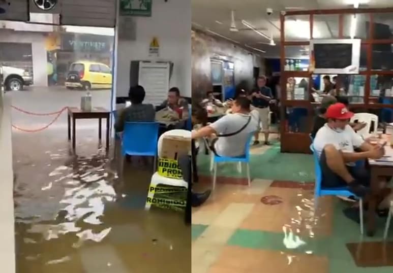 El momento que quedó registrado por las personas que se encontraban en el bar al momento de la inundación, se viralizó rápidamente en redes sociales (CAPTURA)