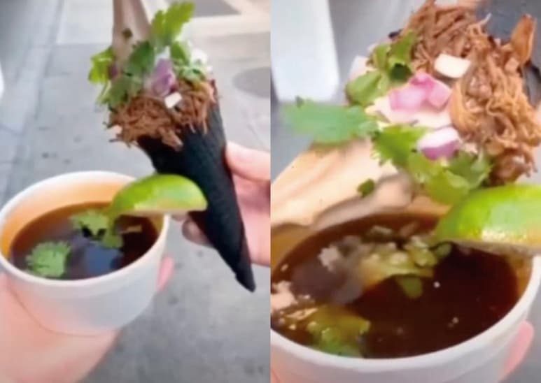 Por medio de plataformas digitales como Tiktok, se volvió viral el material de un 'bloguero culinario' en la Ciudad de México que descubrió conos de nieve hechos de maíz, cubiertos en barbacoa y sumergidos en consomé.  (ESPECIAL) 