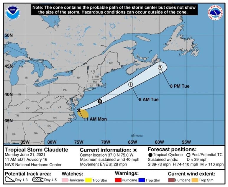 La tormenta tropical Claudette salió este lunes al Océano Atlántico occidental y se aleja lentamente de las costas de Estados Unidos con rumbo al sur de Nueva Escocia (Canadá), donde se convertirá en un ciclón postropical hasta disiparse el martes. (EFE)