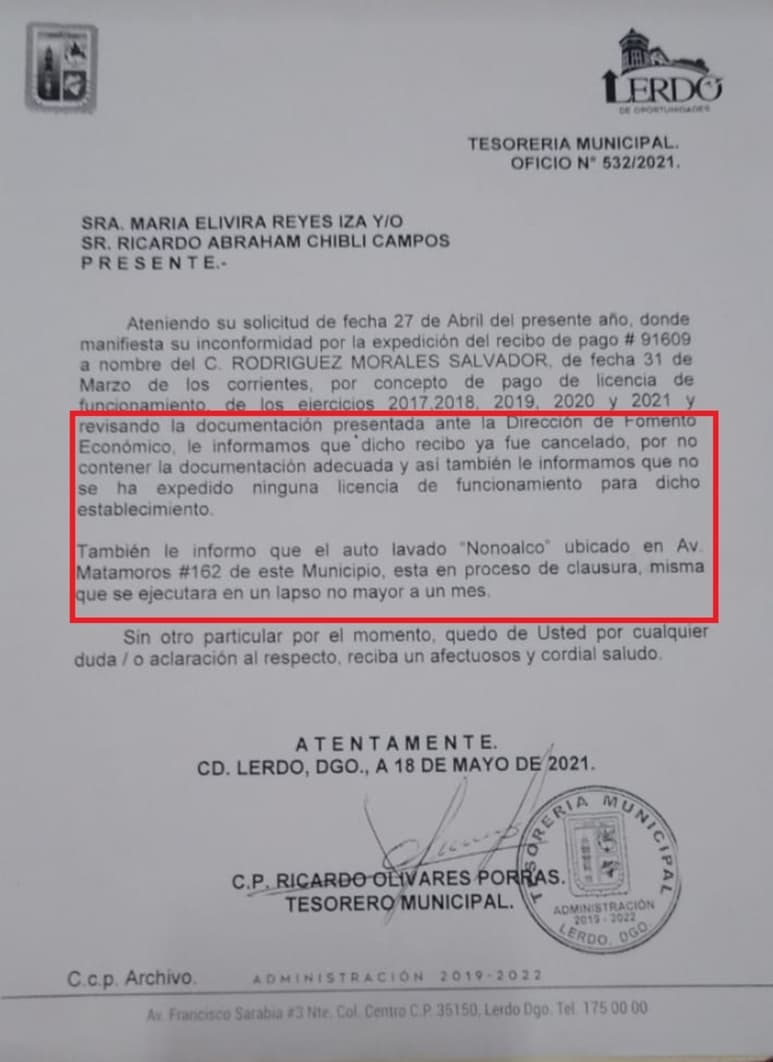 En un documento de la tesorería municipal se dice que el autolavado Nonoalco se encuentra en proceso de clausura. (EL SIGLO DE TORREÓN)