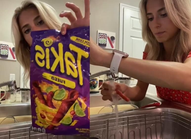 La mujer mostró en video cómo le retira el picante a los Takis al lavarlos con agua (CAPTURA)