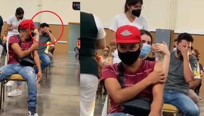 El joven no pudo evitar emitir gritos de 'pánico' al recibir la vacuna contra el COVID-19 (CAPTURA)