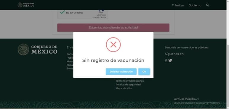 La familia de Ignacio Rodríguez, una persona de la tercera edad que se vacunó en Gómez Palacio, intentó varias veces realizar el procedimiento pero sin éxito. Entraron a la plataforma más de diez veces y la leyenda fue la misma: Una X acompañada de “Favor de esperar unos minutos y volver a intentar”.
(ESPECIAL)