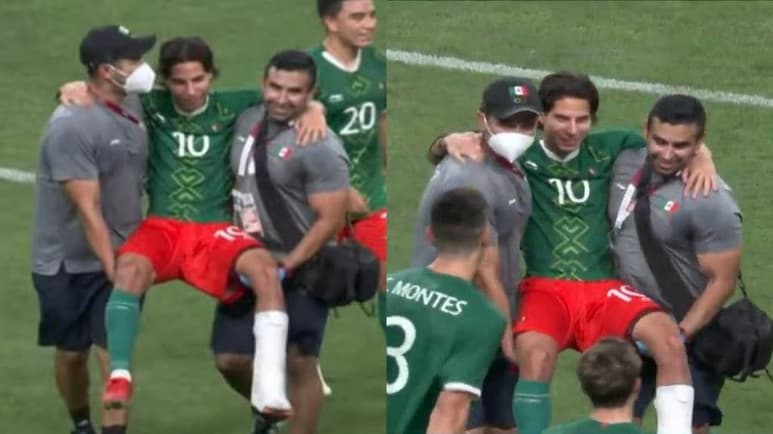 El dolor no fue un impedimento para que Diego Lainez no celebrara junto al resto del equipo el haber logrado la medalla de bronce en los Juegos Olímpicos de Tokio 2020. (ESPECIAL)