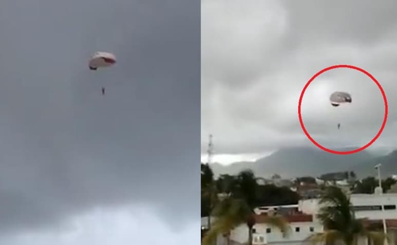 Tras romperse la cuerda que sujetaba al paracaídas de una lancha, éste terminó a la deriva hasta atorarse en unos cables de luz (CAPTURA)