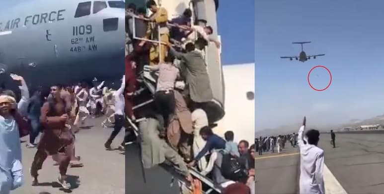 A través de redes sociales, internautas difundieron videos del caos que se desató en el aeropuerto de Kabul, provocado por miles de personas que buscaban huir desesperadamente de Afganistán (CAPTURA)