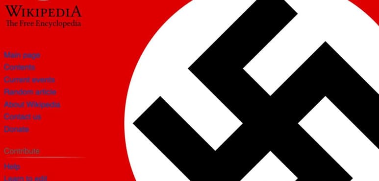 Diversas páginas de Wikipedia con perfiles de importantes personalidades como actores, escritores y figuras de la política, fueron remplazadas para mostrar esvásticas en blanco y negro con un fondo rojo brillante (CAPTURA)