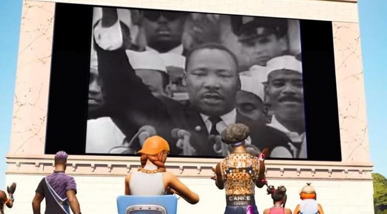 El famoso juego en línea Fortnite, vuelve a traspasar la línea entre la realidad y su mundo para rendirle homenaje a Martin Luther King (CAPTURA)