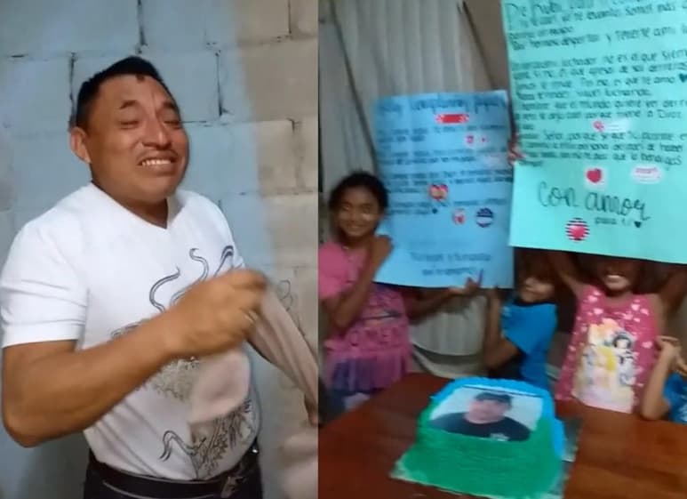 La reacción del padre al recibir su primer pastel de cumpleaños por parte de su familia, ha conquistado a internautas volviéndose viral en poco tiempo (CAPTURA)