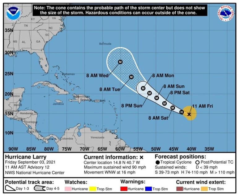 El huracán 'Larry' se fortalece este viernes en su avance por el Atlántico y por ahora sus vientos amenazan con oleaje peligroso a las Antillas Menores este domingo, según el Centro Nacional de Huracanes (NHC, en inglés) de Estados Unidos. (EFE)