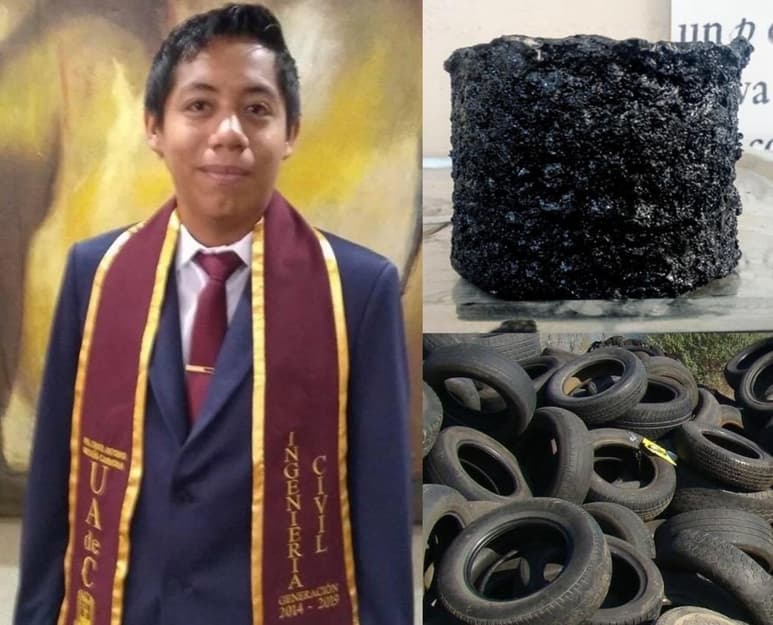 A partir de llantas y desechos de plástico, el joven de Torreón, desarrollo un pavimento llamado 'Paflec', el cual es capaz de regenerarse con el agua (ESPECIAL)