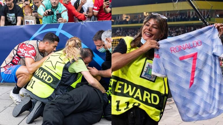 Cristiano Ronaldo le obsequió a la mujer el jersey con el que enfrentó la primera jornada de la Fase de Grupos de Champions League entre Manchester United y Young Boys. 