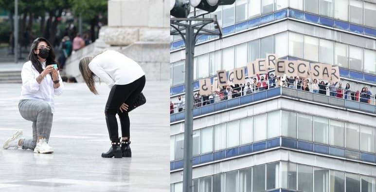 Con ayuda de amigos y familiares, Fer le pidió a su pareja Mish matrimonio desde una de las terrazas de la Torre Latino (CAPTURA)